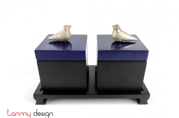 Set of 2 black square boxes 9 cm with blue lid with bird and stand